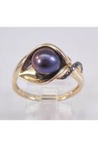  Yellow Gold Black Diamond And Black Freshwater Pearl Calla Lily Ring June Size 7.25 Free Sizing