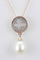  14k Rose Gold Diamond And Pearl Cluster Pendant Wedding Necklace With 18 Chain