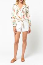  Floral Tie Bottom Covered Button Blouse