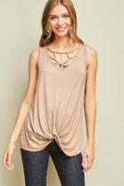  Sleeveless Top Featuring Strappy Cutout Designs At Neckline. Twisted Knot Detail At Front Hem. Non-sheer.