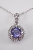  Diamond And Tanzanite Halo Pendant Necklace 14k White Gold 18 Chain Purple Gemstone