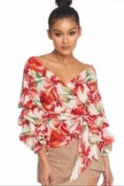  Floral Puff Wrap-top
