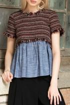  Short Sleeve Mixed Fabric Top