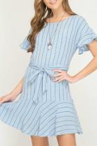  Short Sleeve Woven Dress With Ruffles And Waist Tie Detail