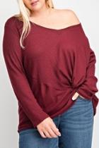  Plus Size Twist Front V Neck Long Sleeve Top