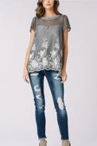 Sheer-contrast Embroidered Top