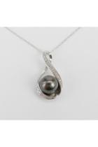  14k White Gold Diamond And Black Tahitian Pearl Pendant Necklace With Chain 18 Infinity Necklace