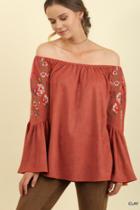  Suede Off Shoulder Bell Sleeve Top With Floral Embroidery And Lace Trim