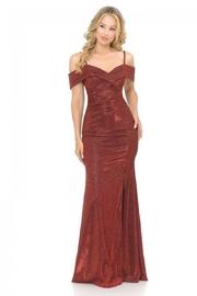  Off The Shoulder Wine Metallic Fit & Flare Long Formal Dress