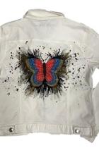  [blue Age] Women's Colored Denim Jean Jacket With Hand Painted Red Butterfly