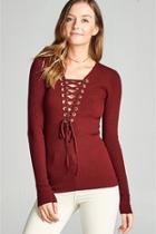  Red Lace Up Knit Top