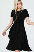  Black Ruffle Skirt Short Sleeve Knee Length Dress