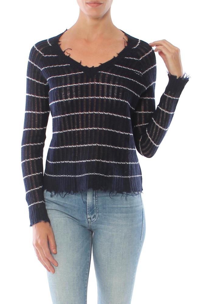 Minnie Rose Distressed Cashmere Striped Sweater