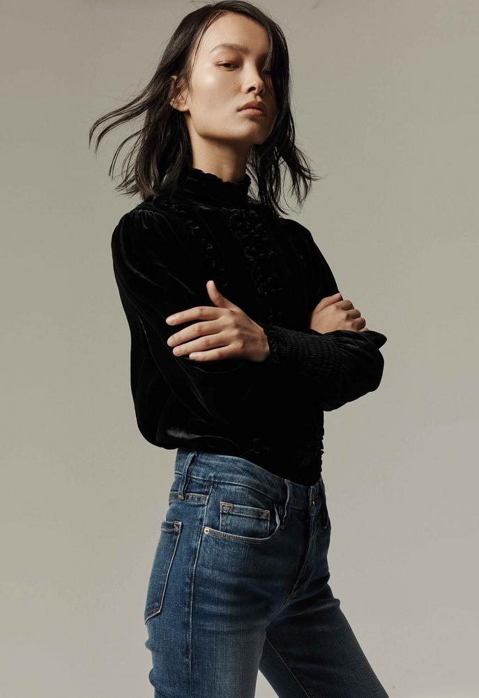 Frame Denim Ruffle Velvet Long Sleeve Top