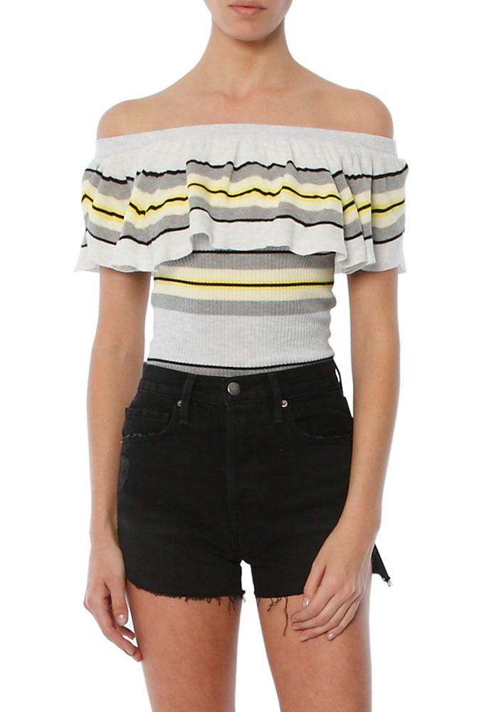 Autumn Cashmere Striped Rib Off Shoulder Ruffle Top