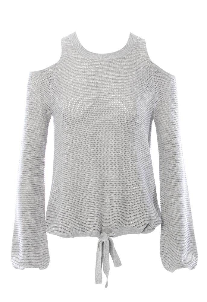 Minnie Rose Mesh Cold Shoulder Tie Sweater