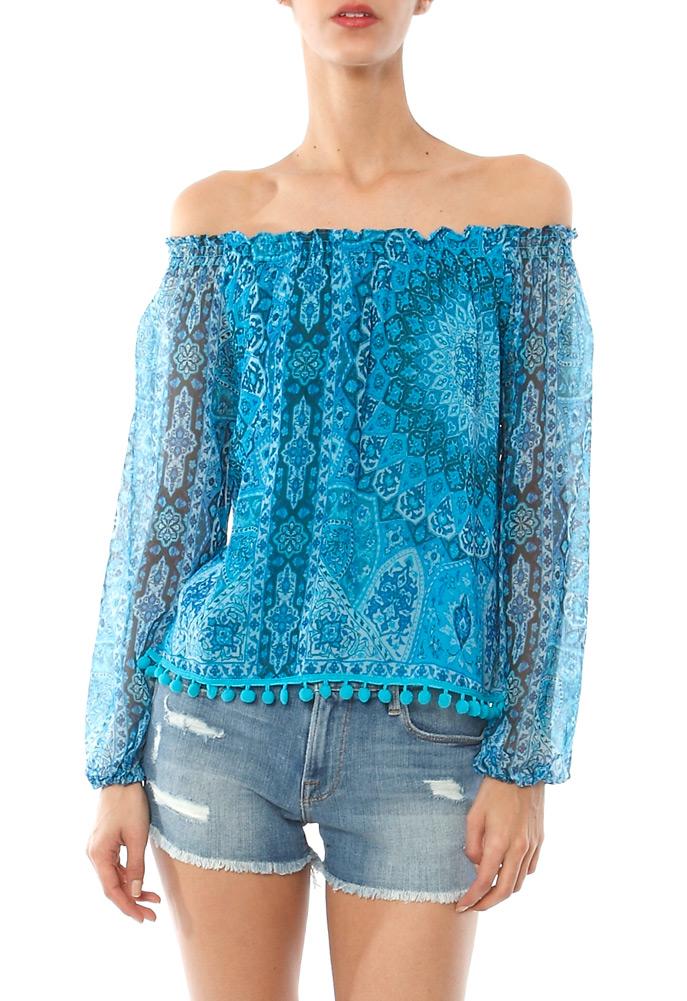 Chaser Printed Pom Pom Peasant Blouse