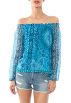 Chaser Printed Pom Pom Peasant Blouse