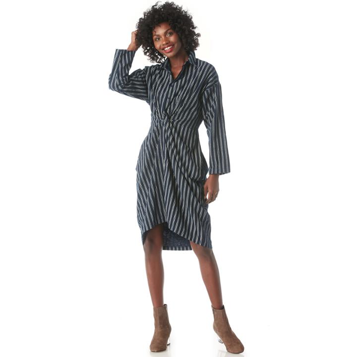 Moon River Moon River Twist Stripe Midi Dress - Navy Multi