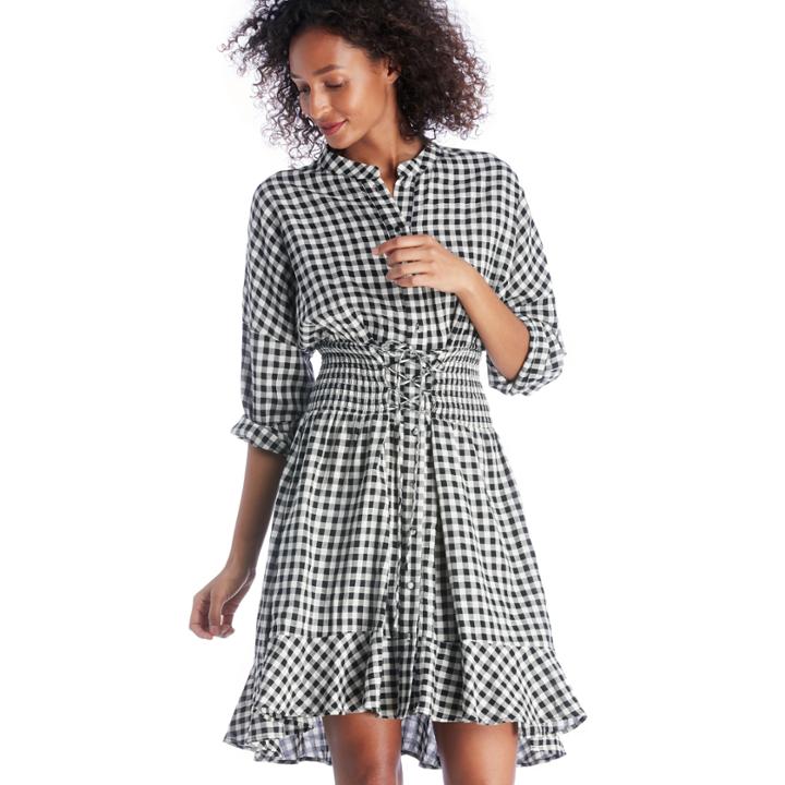 Moon River Moon River Notched Collar Dress With Frills - Black Gingham-xs