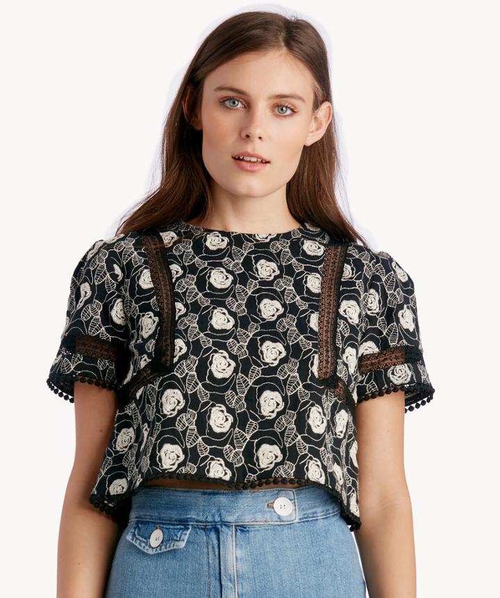 J.o.a. J.o.a. Short Sleeve Lace Trim Top Black Embroidered Size Extra Small From Sole Society