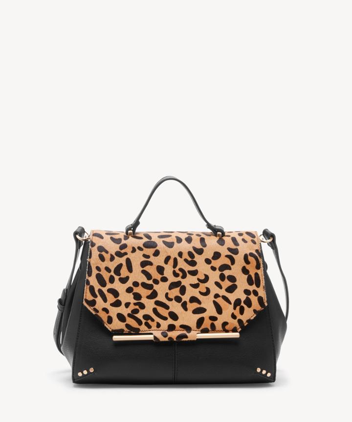 Sole Society Women's Chusy Satchel Genuine Suede Mix In Color: Black Leopard Bag Vegan Leather Genuine Suede From Sole Society