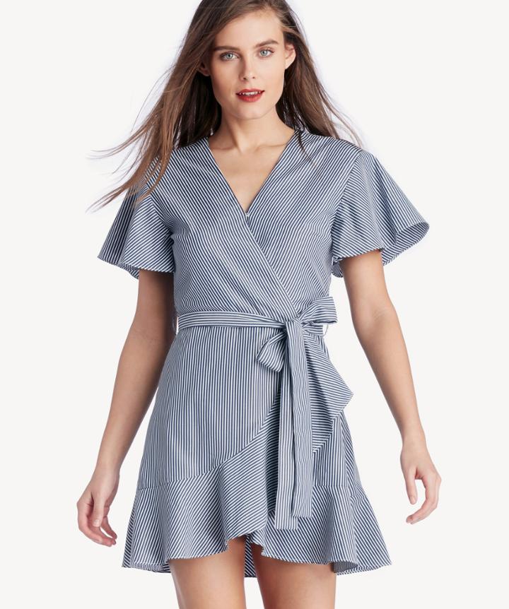 J.o.a. J.o.a. Flare Sleeve Wrap Dress With Waist Tie Navy Stripe Size Extra Small From Sole Society