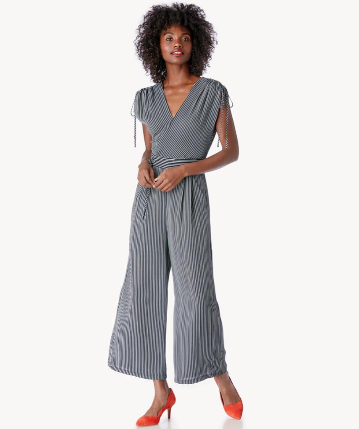 J.o.a. J.o.a. Women's Adjustable Shoulder Wide Leg Jumpsuit In Color: Navy Stripe Size Xs From Sole Society