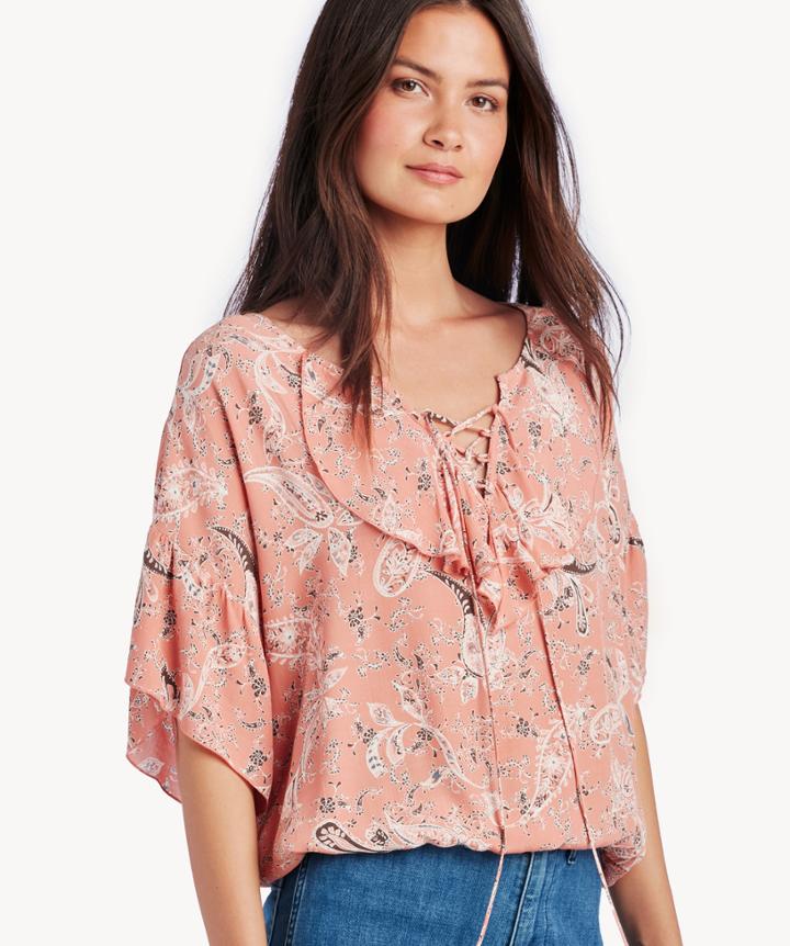 Sanctuary Sanctuary Women's Nicole Ruffle Lace Up Top In Color: Canyon Tapastry Size Large From Sole Society
