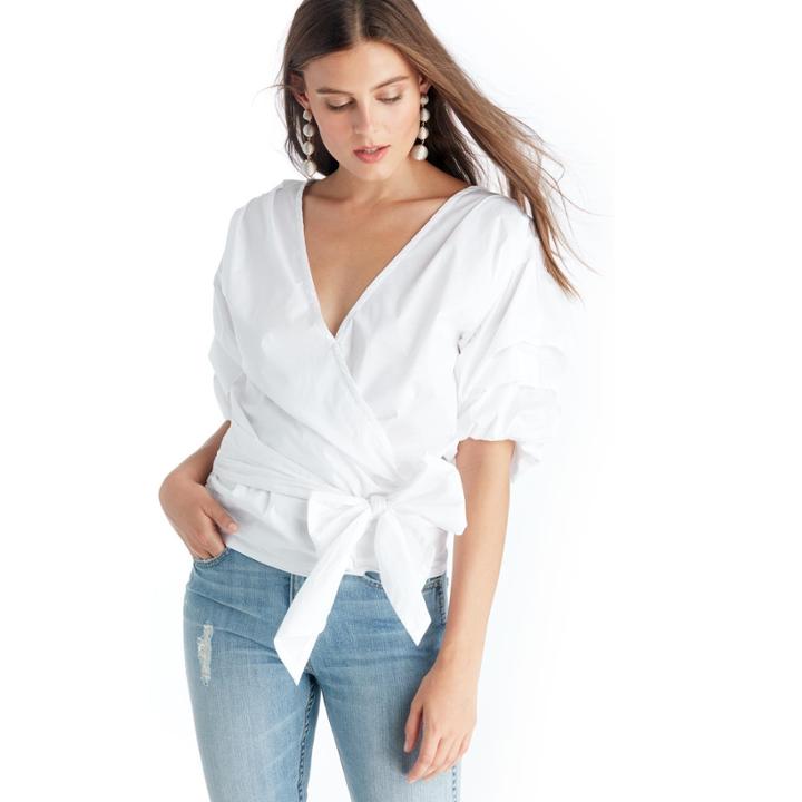 Vince Camuto Vince Camuto Bubble Sleeve Poplin Belted Wrap Shirt - White