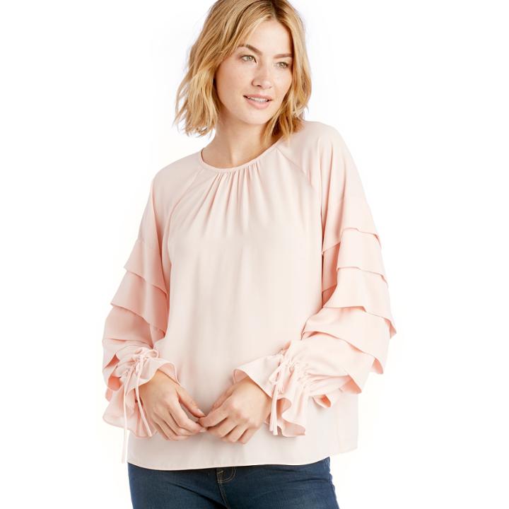 1. State 1. State L/s Tiered Sleeve Blouse W/ Ties - Shadow Pink-xs