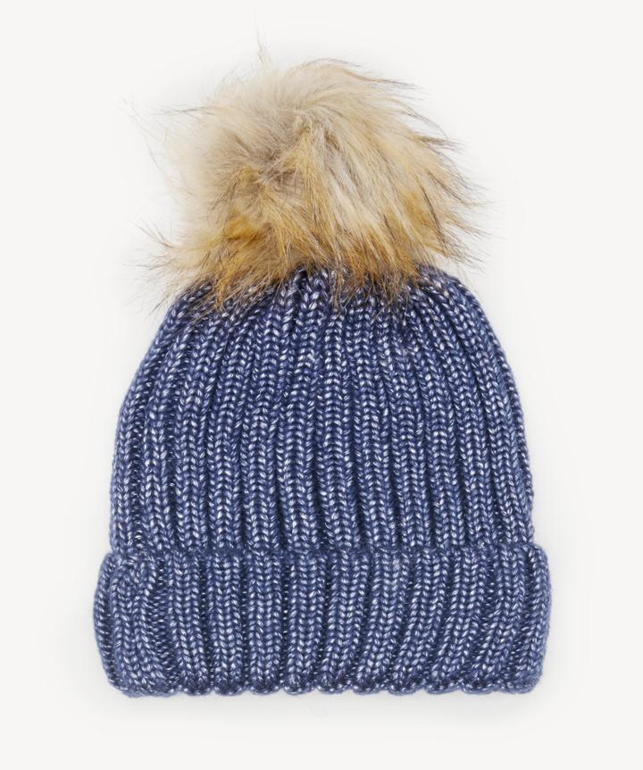 Sole Society Women's Metallic Knit Beanie Hat With Faux Fur Pom Navy Combo One Size Acrylic From Sole Society