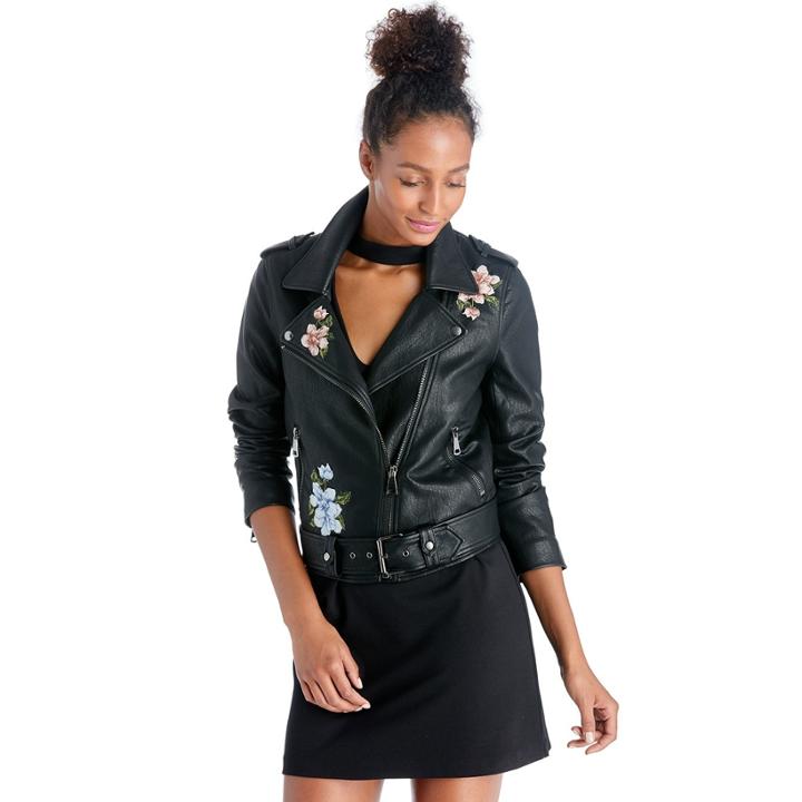 J.o.a. J.o.a. Faux Leather Embroidered Rider Jacket - Black