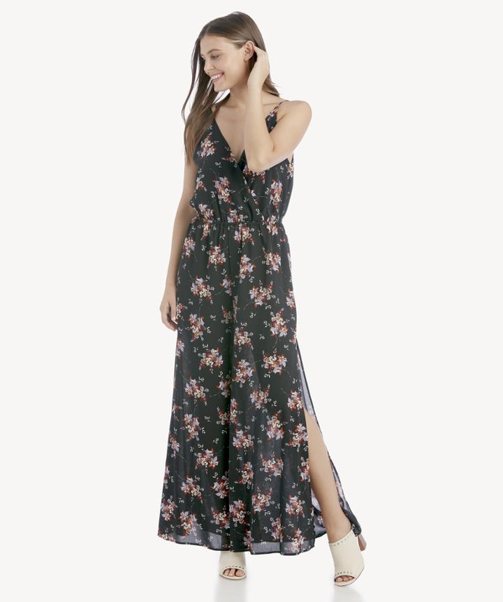 1. State 1. State Women's Wildflower Wrap Front Jumpsuit With Slits In Color: Black Multi Size Large From Sole Society