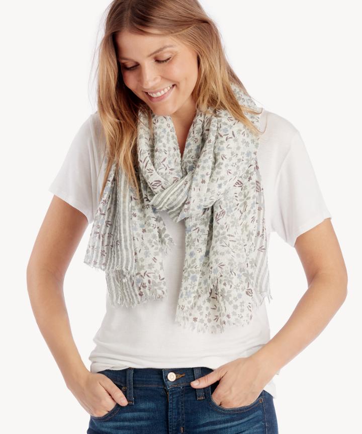 Sole Society Sole Society Floral Striped Scarf Denim One Size Polyeter Rayon