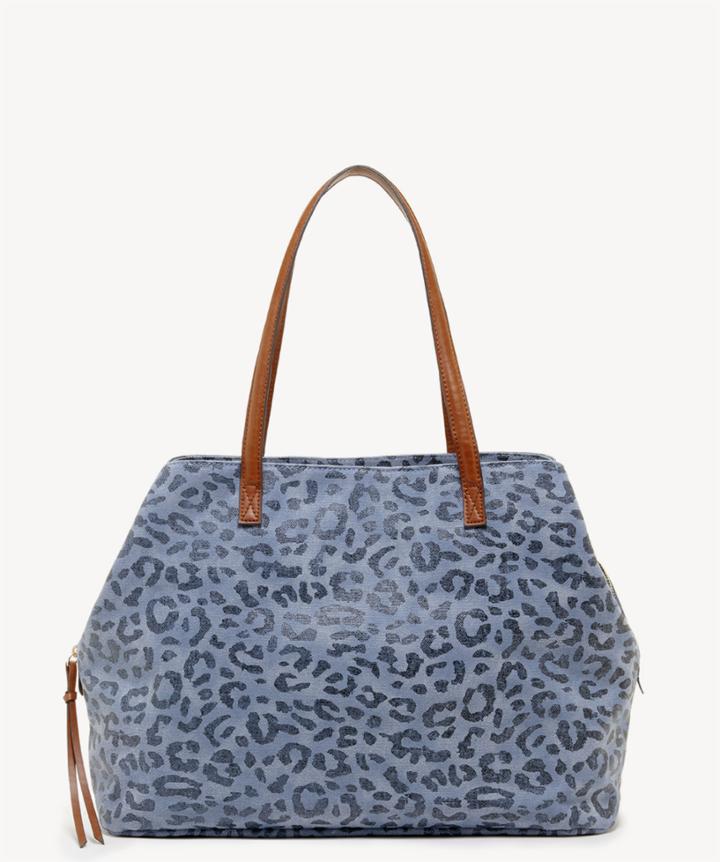 Sole Society Sole Society Millie Printed Oversize Tote Leopard Denim Faux Leather Woven Fabric