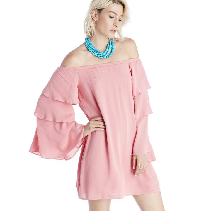 Wayf Wayf Brayden Tiered Bell Sleeve Dress - Coral