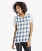 Vince Camuto Vince Camuto Women's Short Sleeve Mixed Media Plaid Cotton Slub Top In Color: Petrol Blue Size Xs From Sole Society