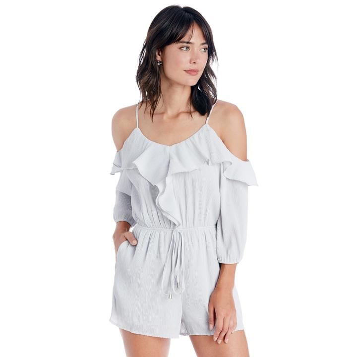 J.o.a. J.o.a. Cold Shoulder Ruffle Romper - Light Grey