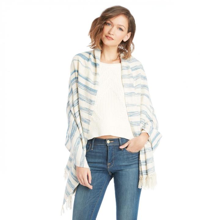 Sole Society Sole Society Woven Stripe Scarf With Fringe - Blue Cream-one Size