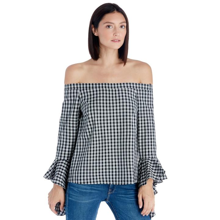1. State 1. State Off Shoulder Cascade Sleeve Top - Gingham