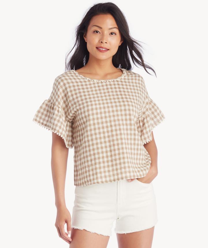 Moon River Moon River Frill Sleeves Top With Back Twist - Tan Gingham-xs