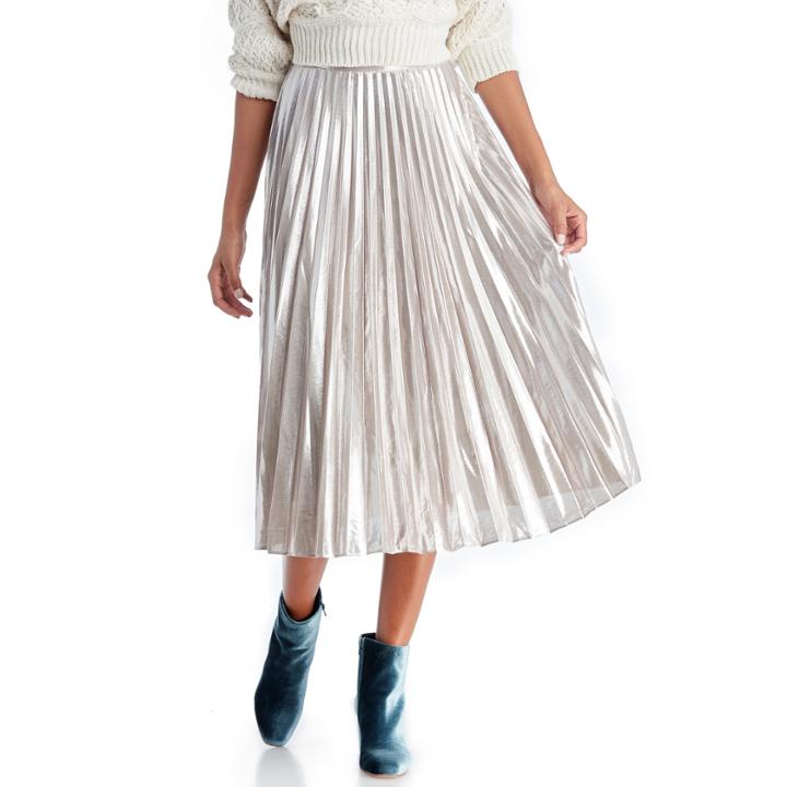 1. State 1. State Pleated Midi Skirt - Flash Silver