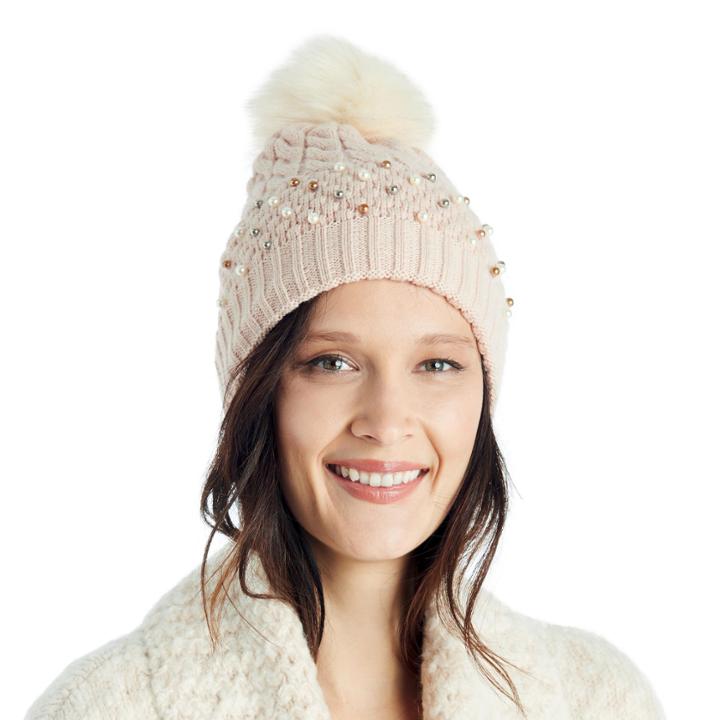 Sole Society Sole Society Pearl Embellished Beanie Hat W/ Faux Fur Pom Blush Combo One Size Os