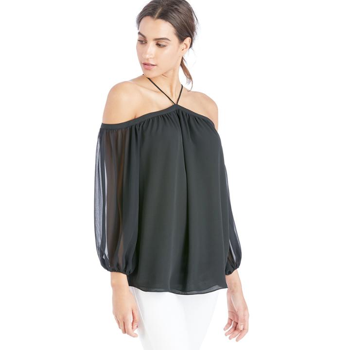 1. State 1. State High Neck Chiffon Sleeve Blouse - Rich Black-x-small