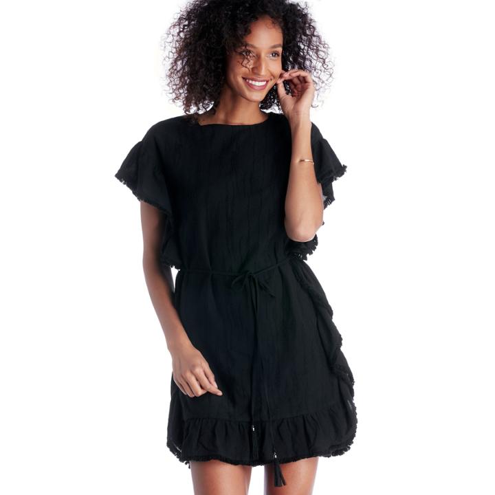 Moon River Moon River Frill Edge Tunic With Waist Tie - Black-xs