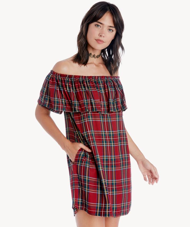 Sanctuary Sanctuary Stella Cabernet Off Shoulder Dress Tartan Plaid Plaid Size Extra Small From Sole Society