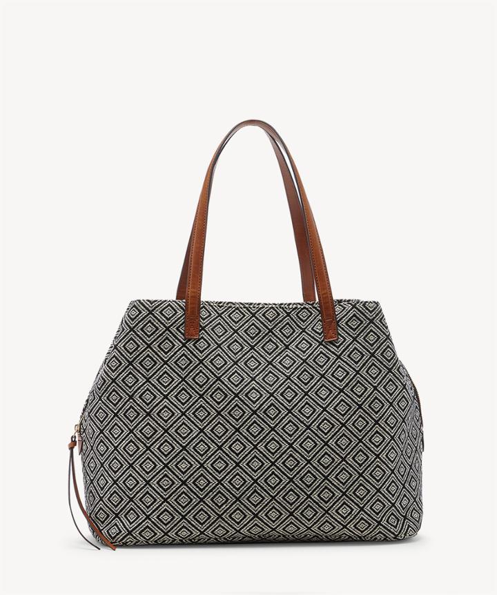 Sole Society Sole Society Millie Printed Oversize Tote Black White Geo Faux Leather Woven Fabric