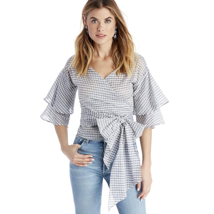 Wayf Wayf Beckett Tiered Bell Sleeve Wrap Top - Navy Gingham-xs