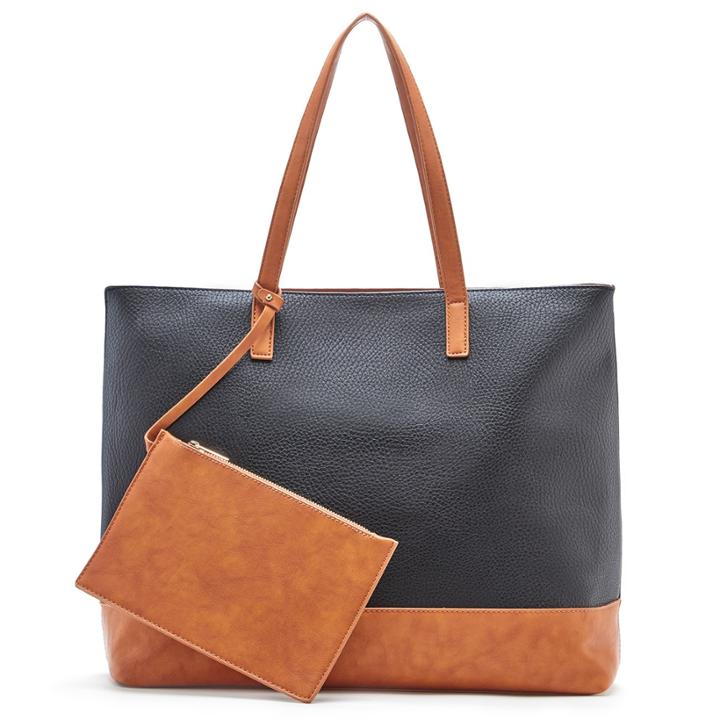 Sole Society Sole Society Aurelia Mixed Material Tote - Black Cognac